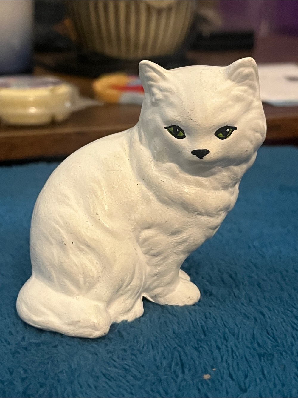 Sitting cat figurine with green eyes- Unfinished art project just as it is 009